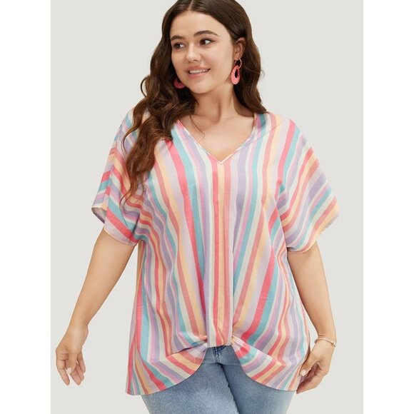 NWT BloomChic Rainbow Striped Batwing Sleeve Contrast Asymmetrical Hem Top 12/L - Picture 6 of 7